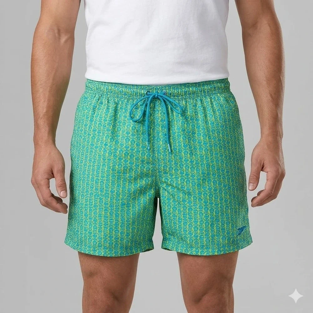 Speedo Men's Teal/Neon Yellow Geo Lined Swim Trunks Size‎ XL